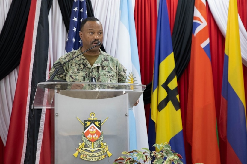 U.S. Navy Adm. Alvin Holsey, commander of U.S. Southern Command (USSOUTHCOM), provides remarks at the TRADEWINDS 25 (TW25) closing ceremony at Teteron Barracks in Teteron Bay, Trinidad and Tobago, May 8, 2025. TW25 is a USSOUTHCOM-sponsored and Chairman of the Joint Chiefs of Staff-approved annual exercise that bolsters regional stability and demonstrates U.S. Joint Force coordination and interoperability with Allies and partners. (U.S. Army National Guard photo by Spc Astia LeBron) (Spc. Astia LeBron)