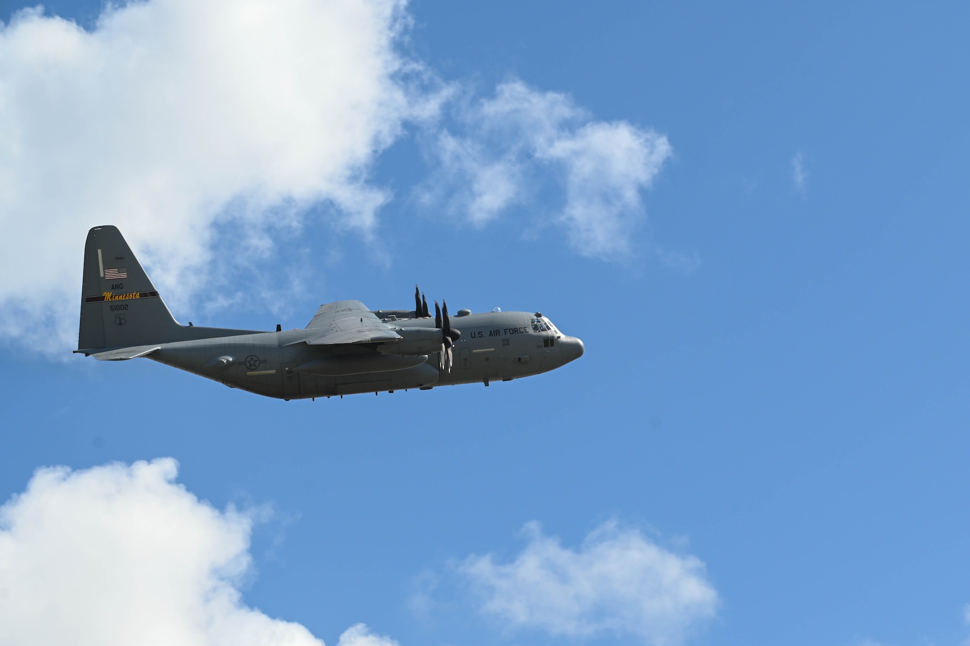 U.S. Air Force C-130 Hercules from the 133rd Airlift Wing, Minnesota Air National Guard, takes off from St. Croix, U.S. Virgin Islands, April 11, 2025.