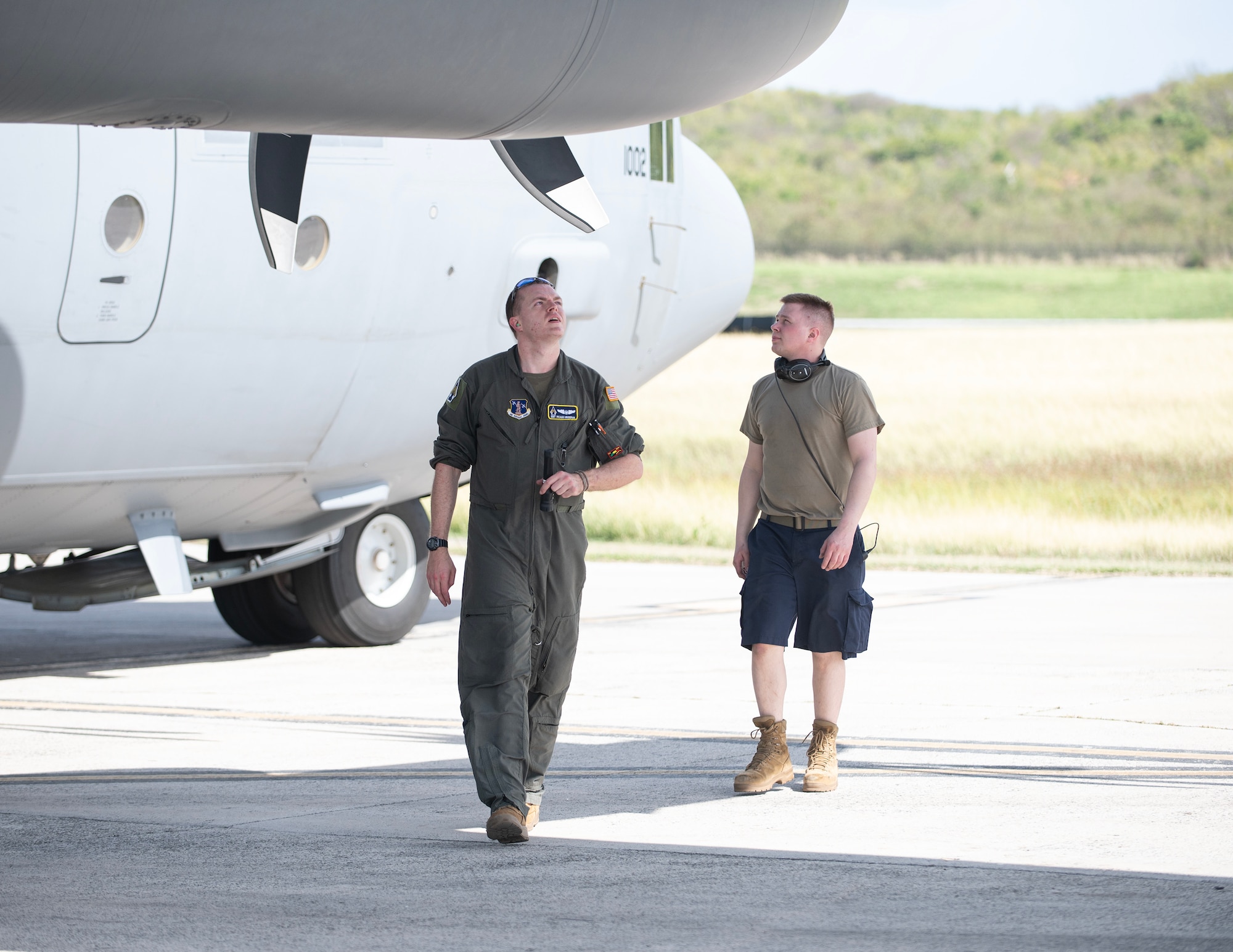 U.S. Air Force Airmen from the 133rd Airlift Wing perform pre-flight checks on a C-130 Hercules in St. Croix, U.S. Virgin Islands, April 8, 2025.