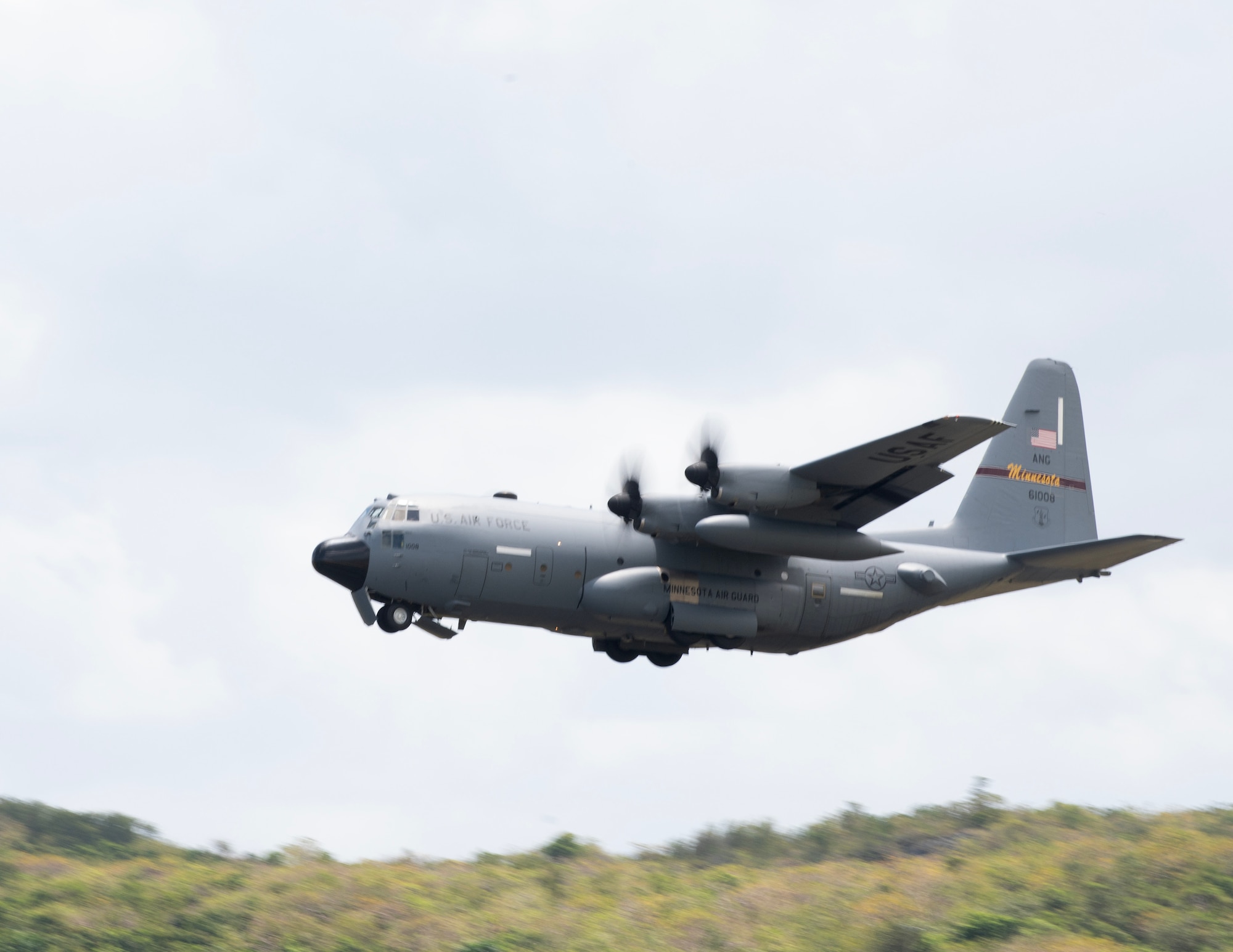 U.S. Air Force C-130 Hercules, 133rd Airlift Wing, takes off in Ceiba, Puerto Rico, April 8, 2025.