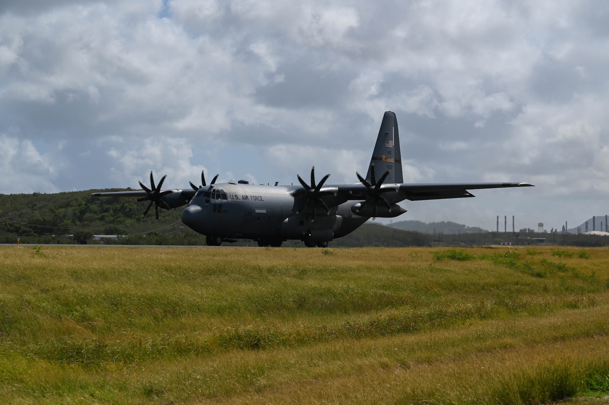 U.S. Air Force C-130 Hercules from the 133rd Airlift Wing, Minnesota Air National Guard, taxis on a runway in St. Croix, U.S. Virgin Islands, April 11, 2025.