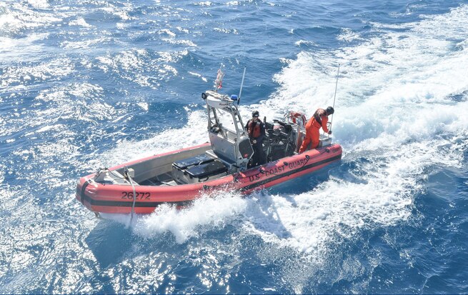 Coast Guard Cutter Alert (WMEC 630) crew members conduct small boat testing, Dec. 2, 2024, while underway in the Florida Straits. Alert's crew conducted a 60-day maritime safety and security patrol in the Florida Straits; the deployment marked its first since the cutter shifted home ports from Astoria, Oregon, to Cape Canaveral, Florida.