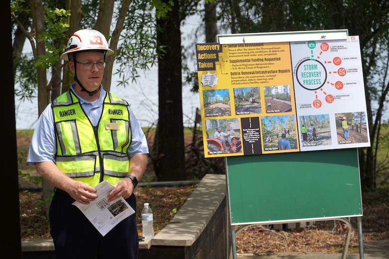 Aaron Wahus, Lake Hartwell, Operations project manager, briefs congressional delegation representatives from Georgia and South Carolina on Hurricane Helene recovery efforts at J. Strom Thurmond Dam and Lake, May 5, 2025. The storm inflicted extensive damage to the Thurmond Project. As a result, recreational facilities surrounding the lake, were closed to ensure public safety.