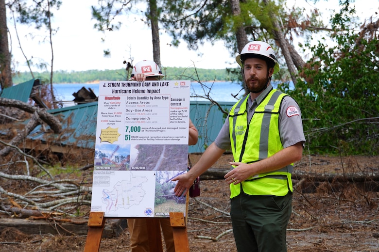 Garrett Bramlette, J. Strom Thurmond Project, Recreation chief ranger, briefs congressional delegation representatives from Georgia and South Carolina on impacts of Hurricane Helene at J. Strom Thurmond Dam and Lake, May 5, 2025. The storm inflicted extensive damage to The Thurmond Project. As a result, recreational facilities surrounding the lake, were closed to ensure public safety.