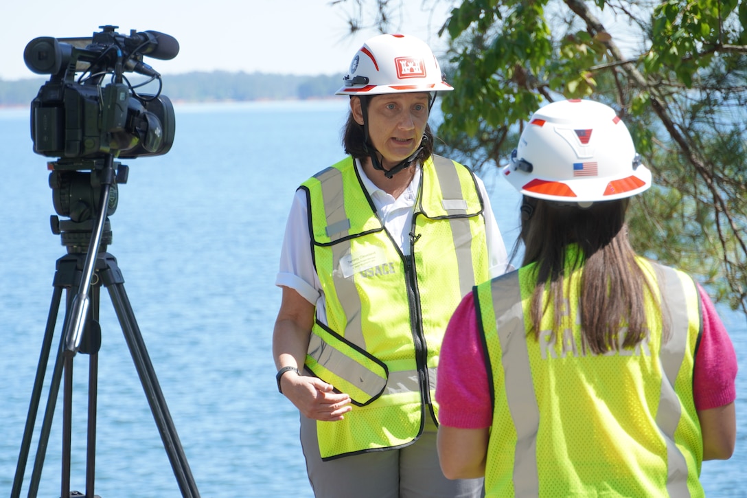 Tammy Cleveland, J. Strom Thurmond Dam and Lake, Operations project manager, is interviewed by reporter Aria Surka with WFXG television station, a Fox network affiliate, May 6, 2025. The Thurmond Project provided media organizations a guided tour to update the public on operational challenges the Thurmond Project continues to face in the aftermath of Hurricane Helene, as well as ongoing efforts to restore public access to affected areas surrounding the lake.