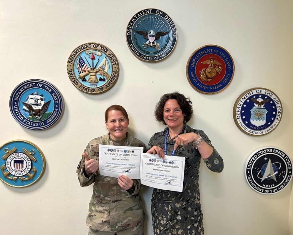 Recognizing the need for change, a dedicated team from the Defense Logistics Agency (DLA) Energy Europe & Africa (E&A) partnered with continuous process improvement (CPI) experts from the DLA Energy headquarters. These mentors and coaches provided guidance to drive change. As a result, Courtney Butcher DLA Energy E&A customer account specialist (CAS) and Andreea Antonesei of DLA Energy E&A international agreements, achieved their Green Belt certifications.