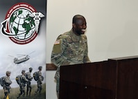 Capt. Paul Abucher, detachment commander of the U.S. Army Medical Materiel Agency, speaks during a change of responsibility ceremony May 2 at Fort Detrick, Maryland. During the ceremony, Sgt. 1st Class Adrian Doll passed responsibility as detachment sergeant to Staff Sgt. Tereso Hernandez.