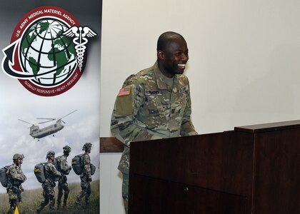 Capt. Paul Abucher, detachment commander of the U.S. Army Medical Materiel Agency, speaks during a change of responsibility ceremony May 2 at Fort Detrick, Maryland. During the ceremony, Sgt. 1st Class Adrian Doll passed responsibility as detachment sergeant to Staff Sgt. Tereso Hernandez.