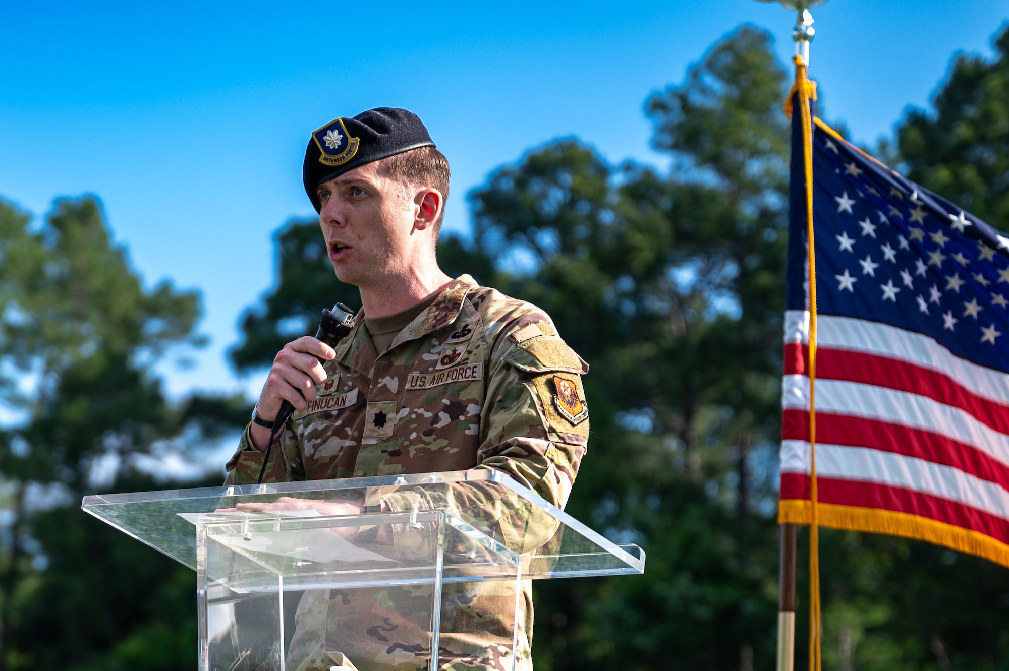 A Security Forces commander speaks at the Police Week opening ceremony at Hurlburt Field.