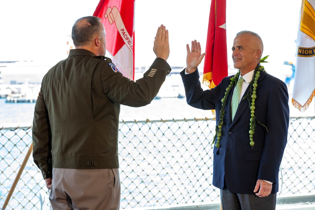 Mr. Peter A. Ridilla, the U.S. Army Corps of Engineers Pacific Ocean Division (USACE POD) programs director, was recognized during his Senior Executive Service (SES) induction ceremony on the U.S.S. Missouri, Honolulu, Hawaii on May 8, 2025.