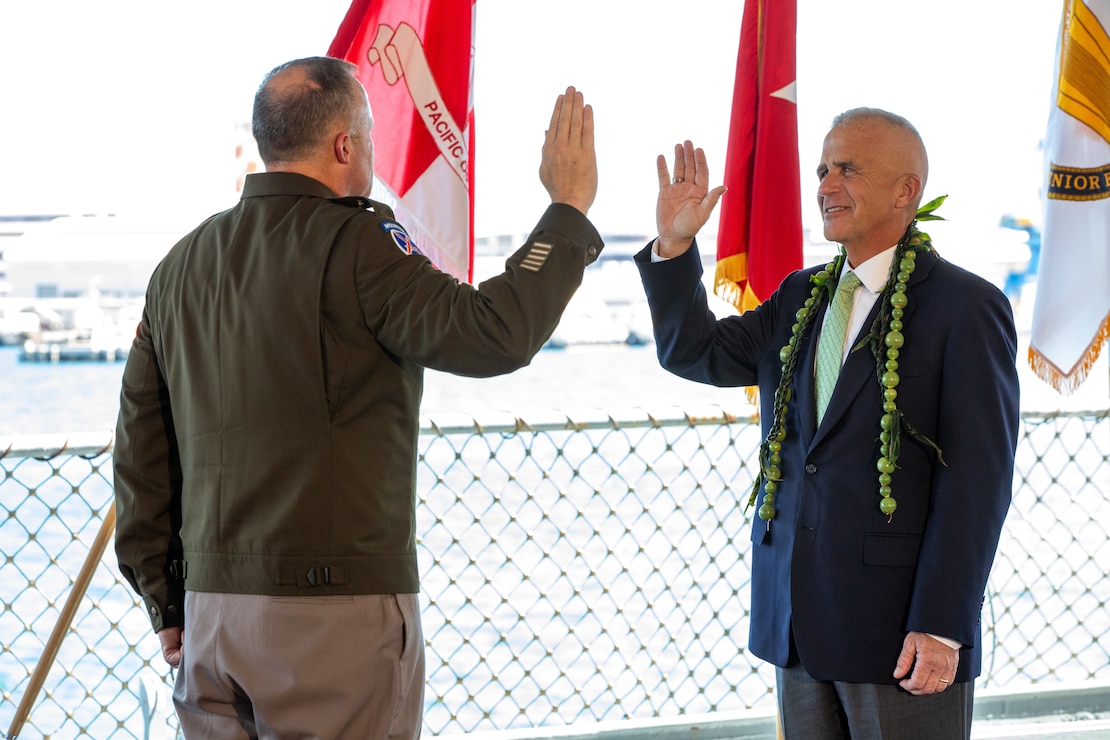 Mr. Peter A. Ridilla, the U.S. Army Corps of Engineers Pacific Ocean Division (USACE POD) programs director, was recognized during his Senior Executive Service (SES) induction ceremony on the U.S.S. Missouri, Honolulu, Hawaii on May 8, 2025.