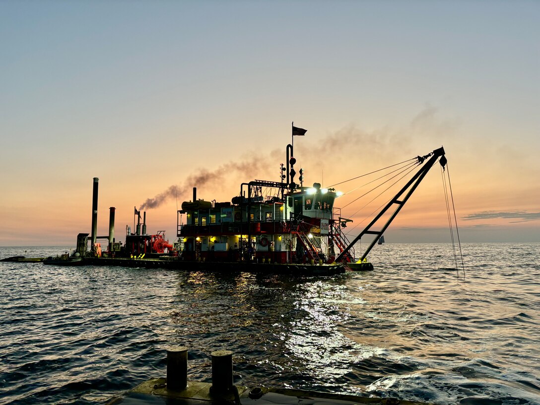 The U.S. Corps of Engineers, Detroit District will start dredging outer St. Joseph Harbor on May 13 to keep the federal channel open. Dredging at St. Joseph Harbor in 2024 is seen in this file image August 12, 2024. (U.S. Army Corps of Engineers photo.)