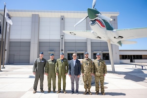 From left, Royal Canadian Air Force (RCAF) Col. Matthew Robinson, executive assistant to the NORAD deputy commander; Chief Warrant Officer James McCarron, Canadian Element NORAD chief warrant officer; Lt. Gen. Blaise Frawley, commander of the Canadian Element NORAD and NORAD deputy commander; William P. Thompson, chief of staff, U.S. Space Forces – Space; RCAF member Kenny Godreau; and Lt. Col. Phil Desmarais, chief of the Commercial Integration Cell and commanding officer of the Canadian NORAD Space Detachment, pose for a photo during a visit to U.S. Space Forces – Space headquarters at Vandenberg Space Force Base, California, May 7, 2025.