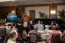 .S. Army Lt. Gen. Joshua M. Rudd, deputy commander of U.S. Indo-Pacific Command, speaks with retired Australian Defence Force Brigadier Ian Langford, executive director of Security and Defence PLuS, during the Indo-Pacific Security Forum in Honolulu, May 12, 2025.