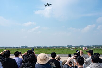 U.S. Air Force A-10 Thunderbolt IIs assigned to the 25th Fighter Squadron perform a demonstration during Osan Air Power Days at Osan Air Base, Republic of Korea, May 11, 2025. The appearance marked a significant moment as the aircraft made its final public appearance on the Korean Peninsula. (U.S. Air Force photo by Senior Airman Tallon Bratton)