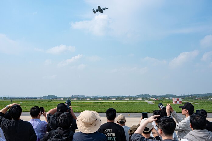 U.S. Air Force A-10 Thunderbolt IIs assigned to the 25th Fighter Squadron perform a demonstration during Osan Air Power Days at Osan Air Base, Republic of Korea, May 11, 2025. The appearance marked a significant moment as the aircraft made its final public appearance on the Korean Peninsula. (U.S. Air Force photo by Senior Airman Tallon Bratton)
