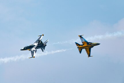 Republic of Korea Air Force Black Eagles perform aerial maneuvers during Osan Air Power Days at Osan Air Base, Republic of Korea, May 11, 2025. Their performance demonstrated expert precision flying and highlighted the strength of the U.S.-ROK partnership as thousands of attendees looked on. (U.S. Air Force photo by Senior Airman Tallon Bratton)