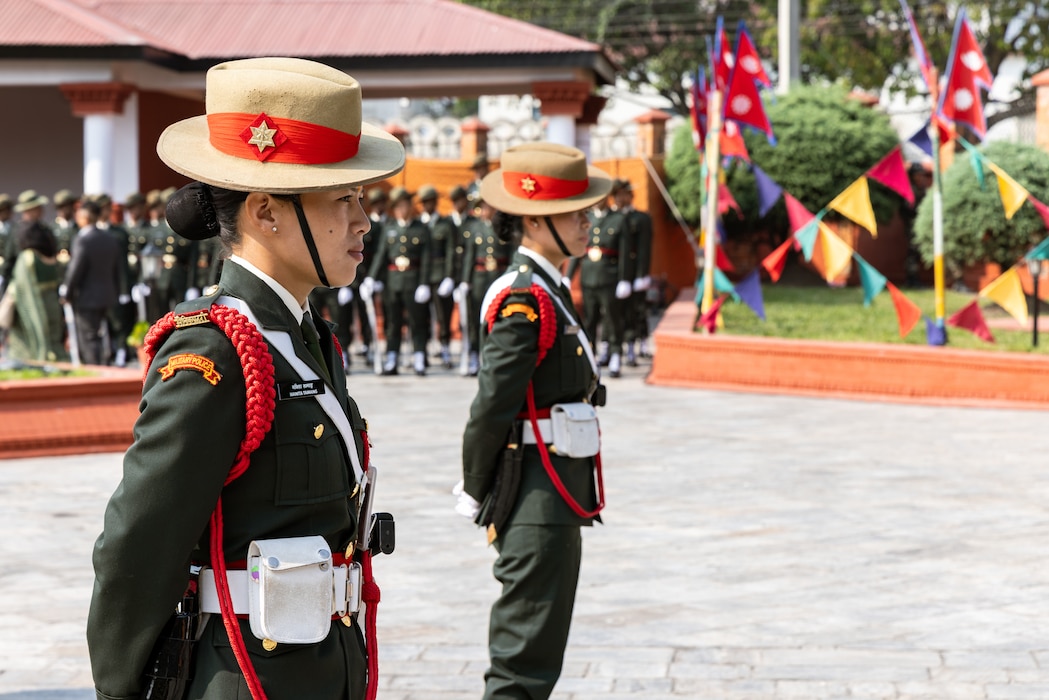 Military police officers with the Nepali Army stand in front of the Eternal Flame Memorial during the 10th Anniversary Operation Sahayogi Haat Wreath Laying Ceremony at the Nepal Military Museum, Kathmandu, Nepal, May 12, 2025.