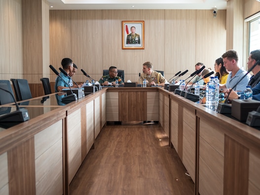 Members from the Defense POW/MIA Accounting Agency and the U.S. Embassy, right, meet with Indonesian National army Col. Stefie Nuhujanan, head of the Indonesian National army History Center (Pusjarah), in Jakarta, Indonesia, April 14, 2025.