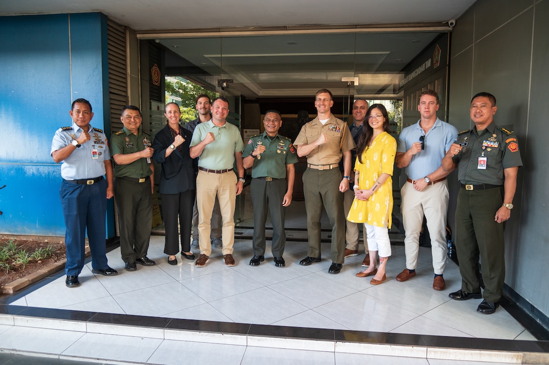 Members of the Indonesian National Armed Forces, Indonesian Air Force, Defense POW/MIA Accounting Agency and U.S. Embassy stand for a group photo after a meeting in Jakarta, Indonesia, April 14, 2025.
