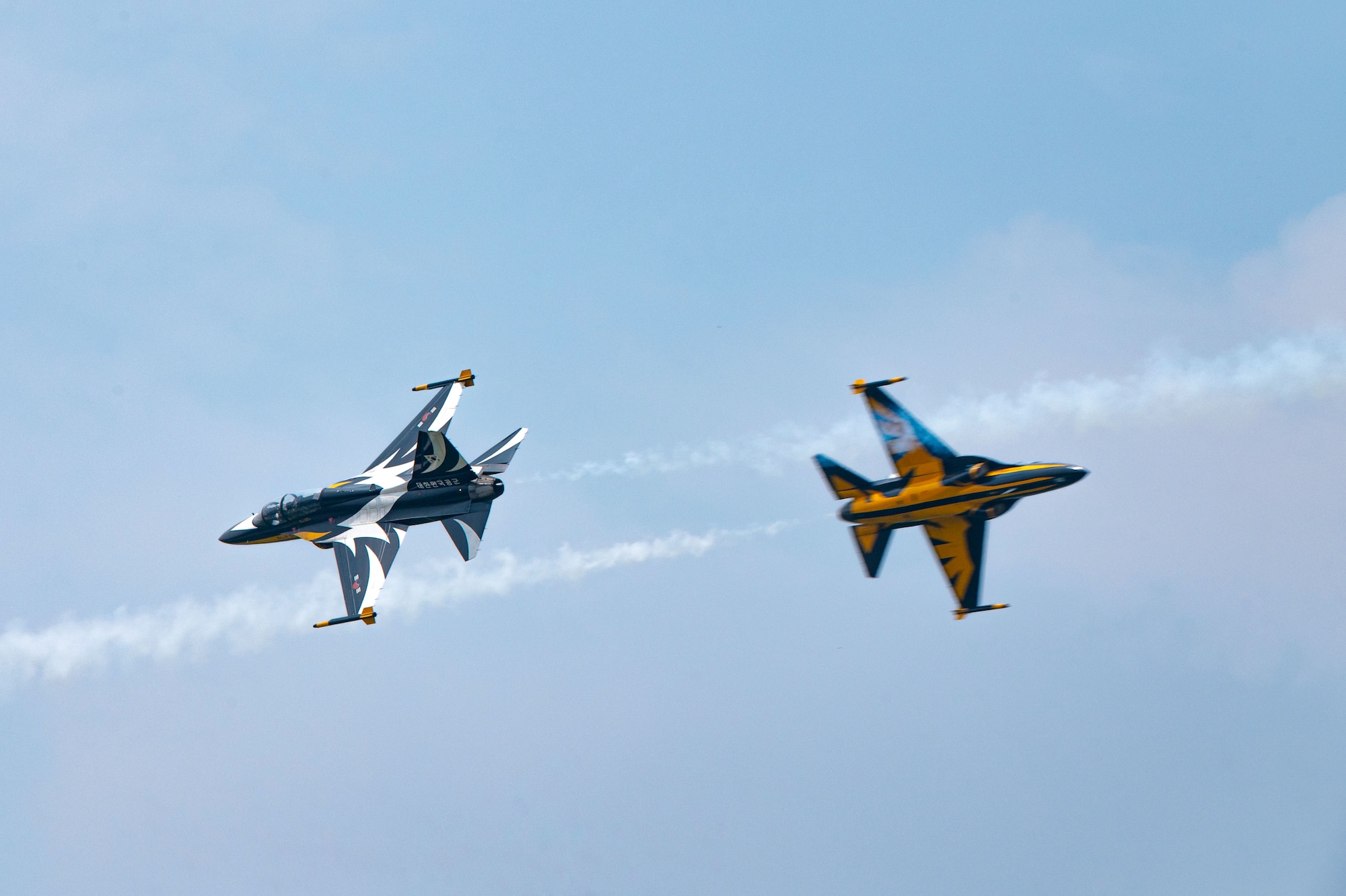 Republic of Korea Air Force Black Eagles perform aerial maneuvers during Osan Air Power Days at Osan Air Base, Republic of Korea, May 11, 2025. Their performance demonstrated expert precision flying and highlighted the strength of the U.S.-ROK partnership as thousands of attendees looked on. (U.S. Air Force photo by Senior Airman Tallon Bratton)