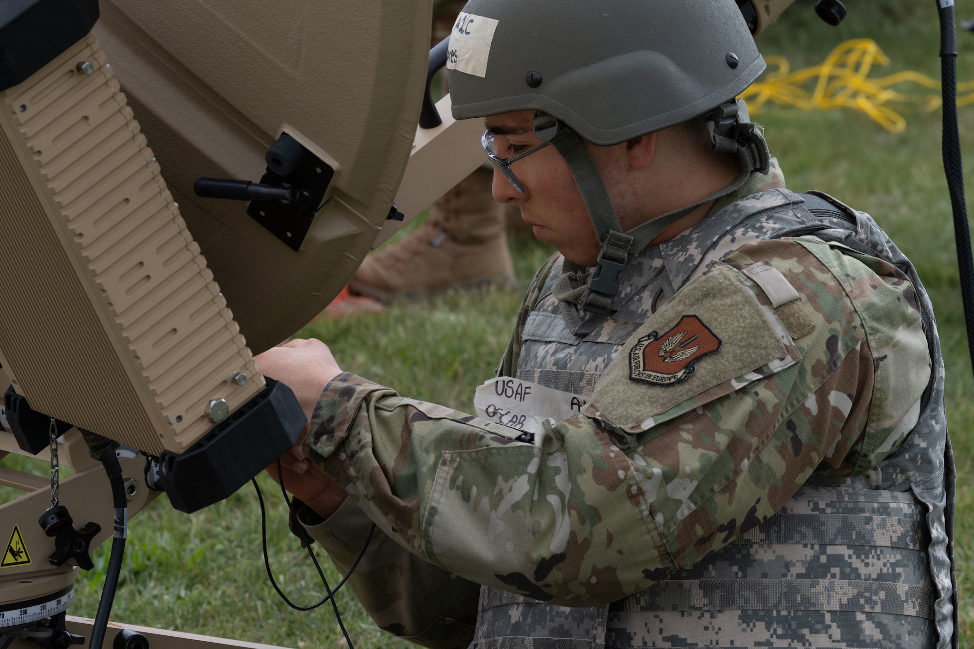A U.S. Airman assigned to the 100th Communications Squadron assembles a satellite terminal during a combat readiness inspection Skyway Chariot at RAF Feltwell, England, May 8, 2025.