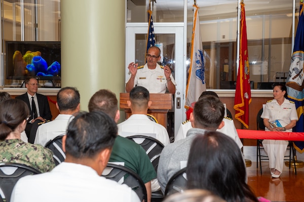 Rear Adm. Guido Valdes, Commander, Naval Medical Forces Pacific, and Director, Defense Health Network Pacific Rim, gives remarks during a ribbon-cutting ceremony to celebrate the completion of NMCSD's 1 West Mental Health Ward expansion. The mission of NMCSD is to provide a superior experience for our patients, staff, and warfighters. NMCSD employs more than 5,000 active-duty military personnel, civilians, and contractors in southern California to deliver exceptional care afloat and ashore. (U.S. Navy photo by Mass Communication Specialist 2nd Class Celia Martin)