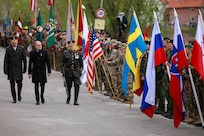 Commander of the Latvian National Armed Forces Maj. Gen. Kaspars Pudāns (left), Latvian Minister of Defense, Andris Sprūds (center), and Latvian National Armed Forces Col. Edmunds Svenčs, commander of the National Guard 4th Brigade, inspect a formation of multinational soldiers before the parade celebrating the Day of Restoration of Latvian Independence held in Talsi, Latvia, May 4, 2025. The Day of the Restoration of Latvian Independence is also observed as a freedom celebration, and a military parade has been held every year since 2012. U.S. presence in Latvia enhances combat readiness, ensuring U.S. forces can operate effectively alongside Latvian and NATO allies in diverse conditions. (U.S. Army photo by Sgt. Trevor Wilson)