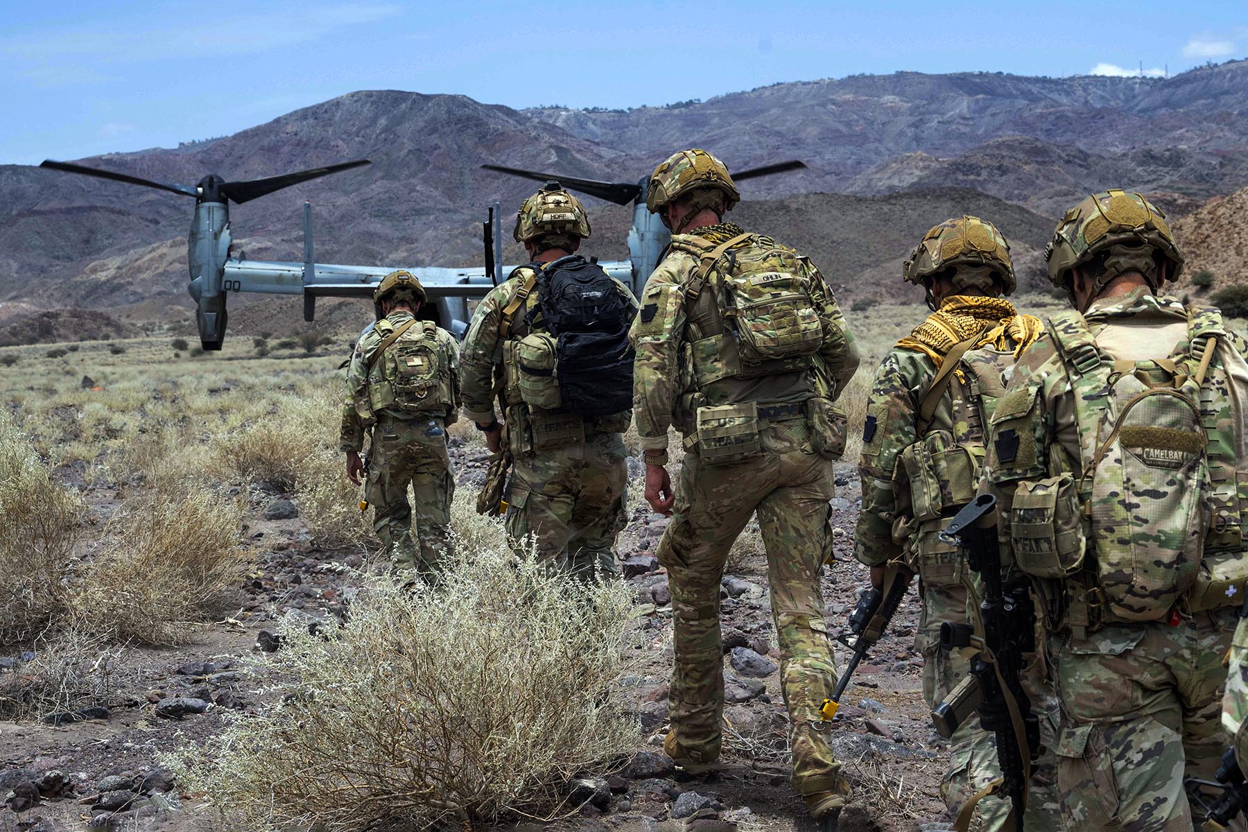 Soldiers load into an MV-22B Osprey during exercise Bull Shark 25-2 at Arta Range, Djibouti, May 6, 2025.