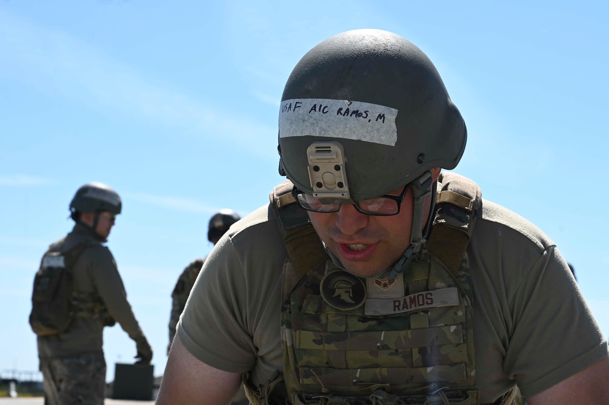 A U.S. Airman assigned to the 100th Civil Engineer Squadron builds an emergency flight line during combat readiness inspection Skyway Chariot at RAF Feltwell, England, May 9, 2025.