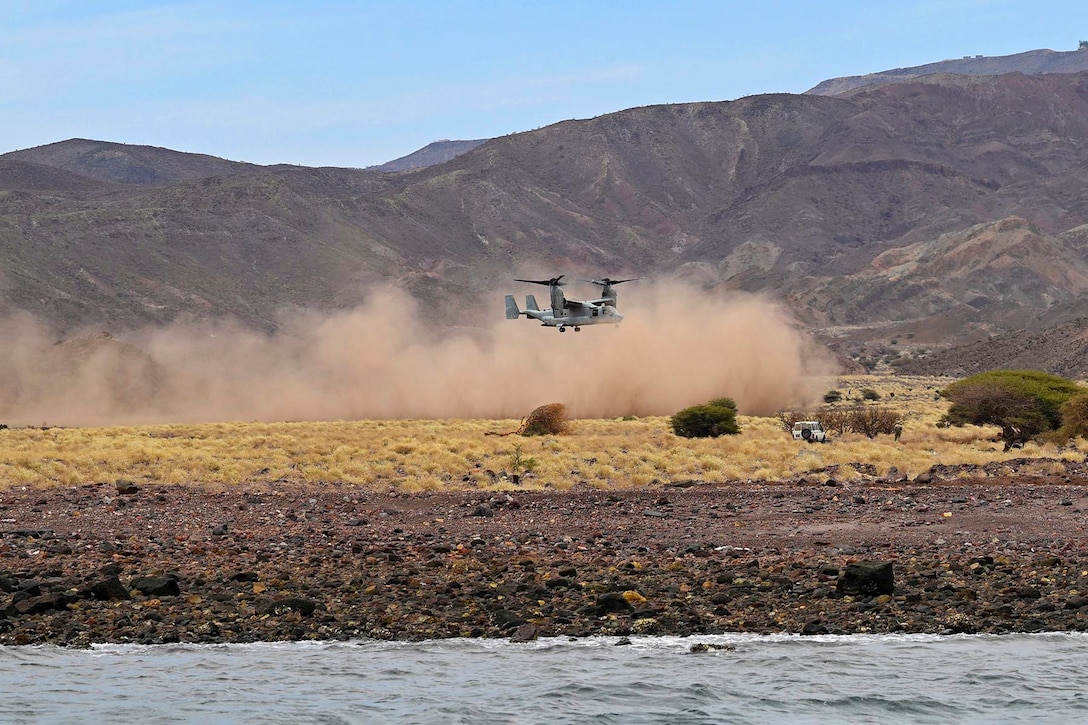 Smoke blows in the air as an aircraft lands on a field with mountains in the background.