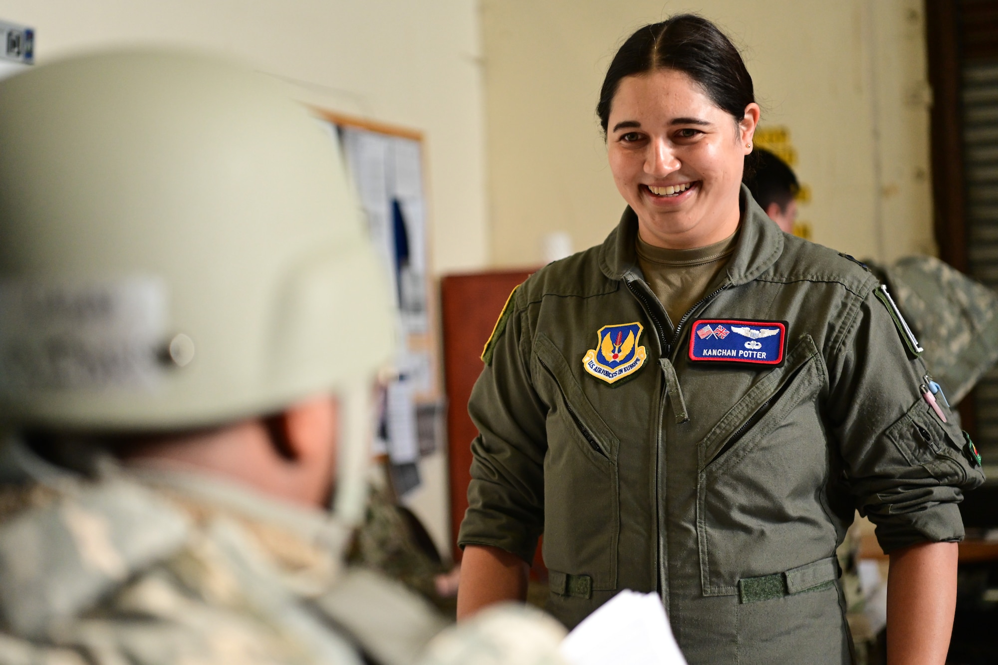 U.S. Air Force Capt. Kanchan Potter, 100th Operation Support Squadron KC-135 pilot, processes through a simulated deployment line during combat readiness inspection Skyway Chariot at RAF Mildenhall, England, May 8, 2025.