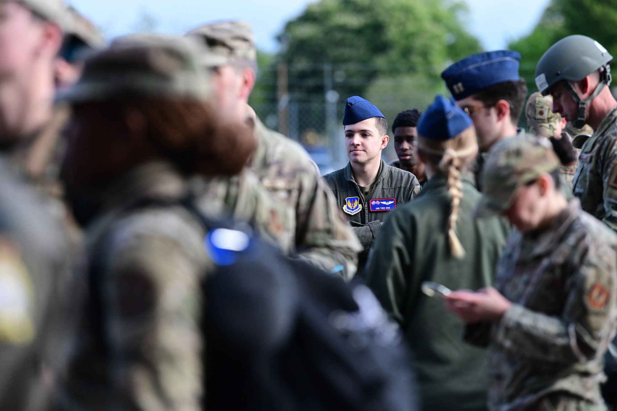 U.S. Air Force Airman Theo Hind, 351st Air Refueling Squadron, waits in a simulated deployment line during combat readiness inspection Skyway Chariot at RAF Mildenhall, England, May 8, 2025.