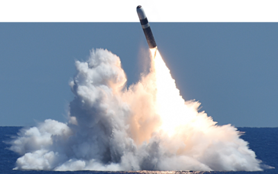 An unarmed Trident II D5 Life Extension missile launches from Ohio-class ballistic missile submarine USS Alaska during a Commander Evaluation Test off the coast of Florida