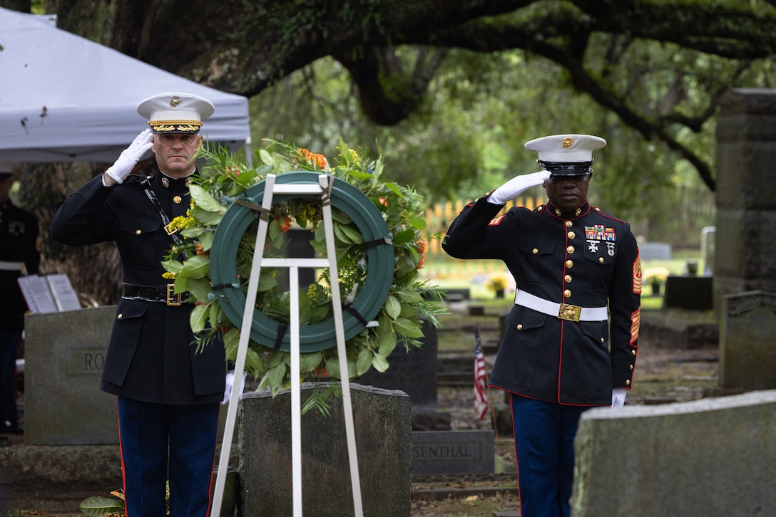 U.S. Marine Corps Col. Joseph Katz, chief of staff, Marine Forces Reserve, left, and Sgt. Maj. Kabiru Labaran, command senior enlisted leader, Headquarters Battalion, Marine Forces Reserve and Marine Forces South, render a salute to the grave of Gen. Robert Barrow during a wreath laying ceremony  in St. Francisville, L.A., Nov. 10, 2024.Barrow served as the 27th Commandant of the Marine Corps and was the first to be buried in his hometown and not in Arlington National Cemetery. Each year on the Marine Corps Birthday, Marines with Marine Forces Reserve lay a wreath on his grave. (U.S. Marine Corps photo by Sgt. Scott Jenkins)