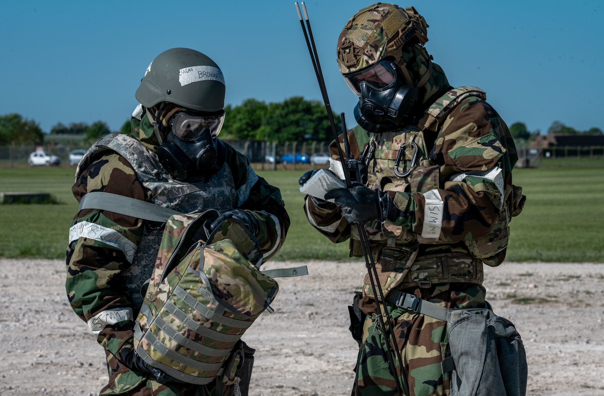 U.S. Airmen assigned to the 100th Civil Engineer Squadron use gear to detect hazardous materials during an exercise inject in combat readiness inspection Skyway Chariot at RAF Feltwell, England, May 10, 2025.
