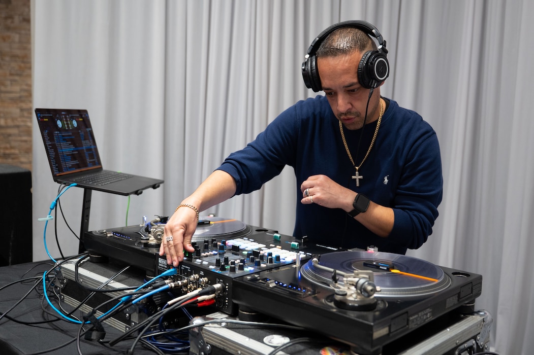 Mario “Lil Mario” Melendez, community partner DJ, performs during the Spouse Resiliency & Wellness Day at the Powell Event Center, Goodfellow Air Force Base, Texas, May 9, 2025. Goodfellow collaborated with community partners to provide spouses with a day full of resiliency and wellness resources and activities designed to give spouses a foundational network of support systems. (U.S. Air Force photo by Airman 1st Class Brian Lummus)