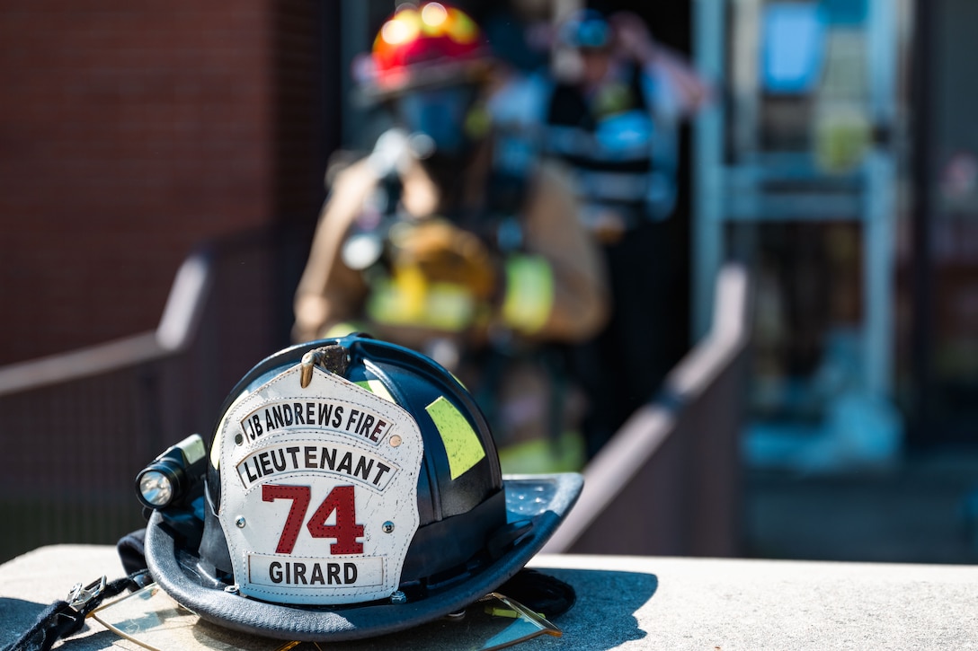 A helmet sits on a ledge during Combat Readiness Inspection.