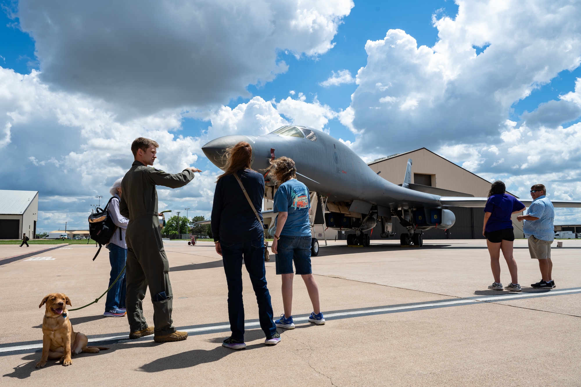 Relatives of Lt. Col. William E. Dyess observe a B-1B Lancer during a tour at Dyess Air Force Base, Texas, May 9, 2025.   Dyess AFB was renamed from Abilene AFB in 1956 in honor of the late Dyess, a two-time Distinguished Service Cross recipient with a remarkable career as an U.S. Army Air Force commander, infantry commander, and survivor of the Bataan Death March. (U.S. Air Force photo by Airman 1st Class Jade M. Caldwell)