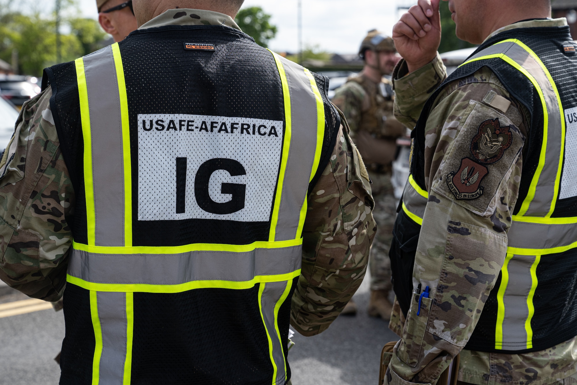 U.S. Airmen assigned to the U.S. Air Forces in Europe Inspector General oversee the emergency response during a simulated vehicle-borne improvised explosive device exercise scenario during the combat readiness inspection Skyway Chariot at RAF Mildenhall, England, May 8, 2025.