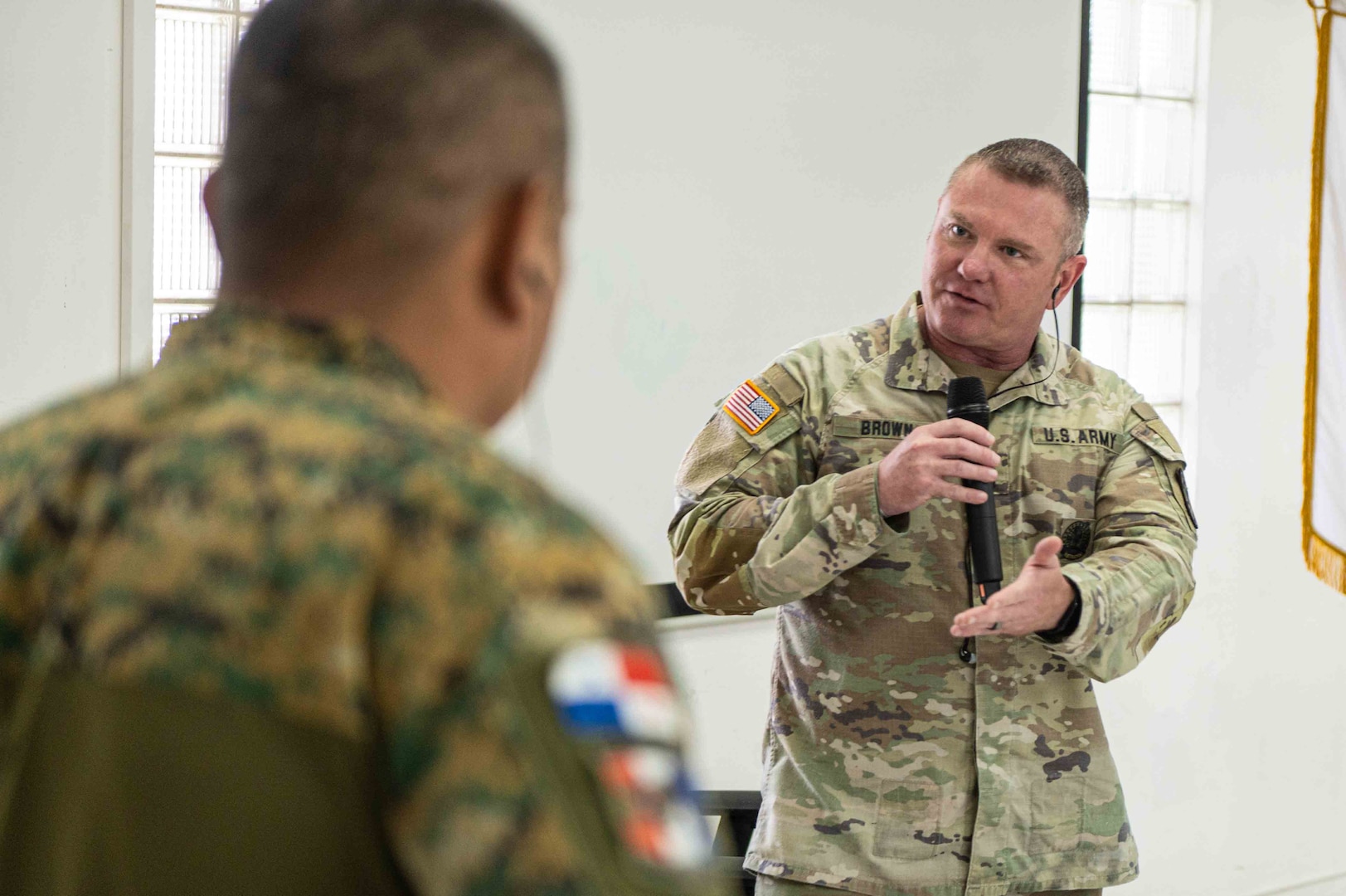 Command Sgt. Maj. James Brown, assigned to the Missouri National Guard Homeland Response Force’s Chemical, Biological, Radiological and Nuclear (CBRN) Assistance Support Element, speaks to members of the Panamanian Public Forces and National Civil Protection System in Panama City, Panama, May 7, 2025