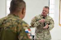 Command Sgt. Maj. James Brown, assigned to the Missouri National Guard Homeland Response Force’s Chemical, Biological, Radiological and Nuclear (CBRN) Assistance Support Element, speaks to members of the Panamanian Public Forces and National Civil Protection System in Panama City, Panama, May 7, 2025