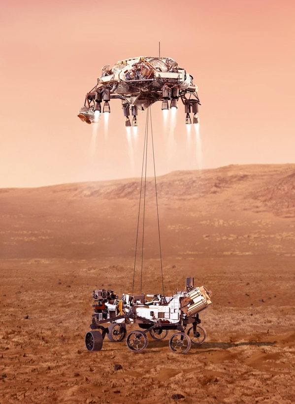 An artist impression of NASA’s Perseverance rover landing safely on Mars on Feb. 18, 2021.