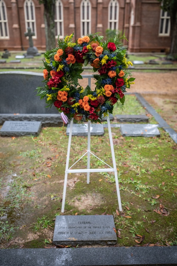 A wreath sits on the grave of Gen. Robert Barrow Corps, 27th Commandant of the Marine Corps, in St. Francisville, L.A., Nov. 10, 2024.Barrow was the first Marine Corps commandant to be buried in his hometown and not in Arlington National Cemetery. Each year on the Marine Corps Birthday, Marines with Marine Forces Reserve lay a wreath on his grave. (U.S. Marine Corps photo by Sgt. Scott Jenkins)