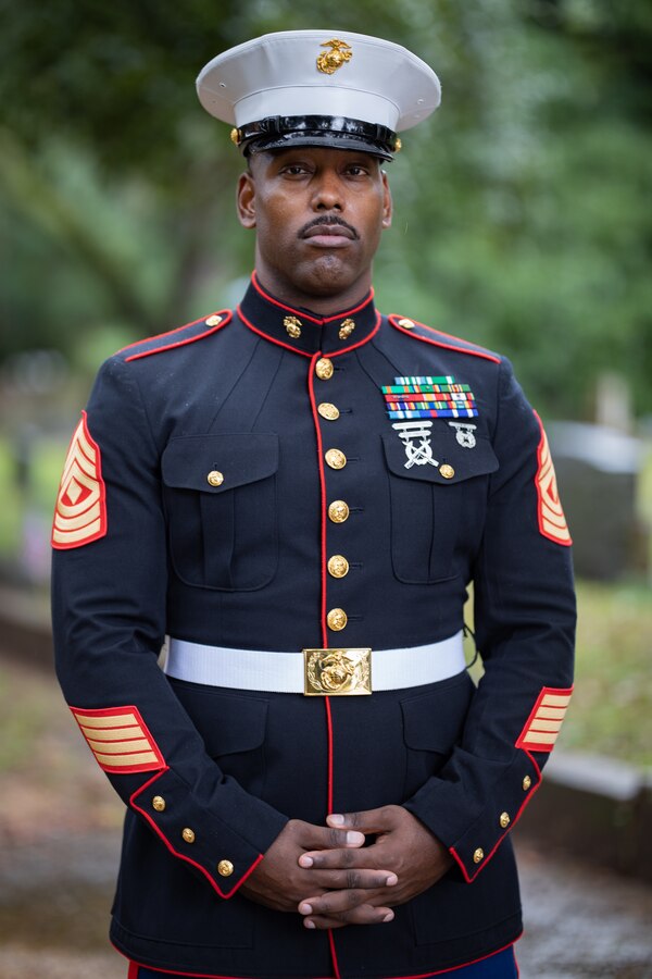 U.S. Marine Corps 1st Sgt. Rakim Means, the company first sergeant. for Truck Company, 23rd Marine Regiment, 4th Marine Division, poses for a photo after of a wreath laying ceremony for Gen. Robert Barrow, the 27th Commandant of the Marine Corps in St. Francisville, L.A., Nov. 10, 2024.  Barrow was the first Marine Corps commandant to be buried at his hometown and not in Arlington National Cemetery. Each year on the Marine Corps Birthday, Marines with Marine Forces Reserve lay a wreath on his grave. (U.S. Marine Corps photo by Sgt. Scott Jenkins)