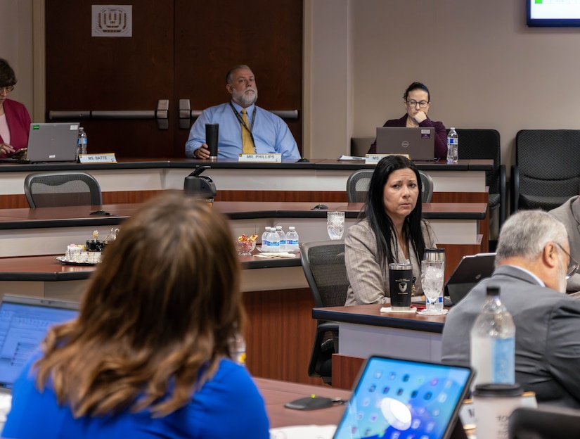Liz Miranda, the executive deputy to the commanding general of the U.S. Army Materiel Command, listens during a Management Business Review (MBR) Level III meeting May 8 at AMCOM headquarters on Redstone Arsenal, Ala.
