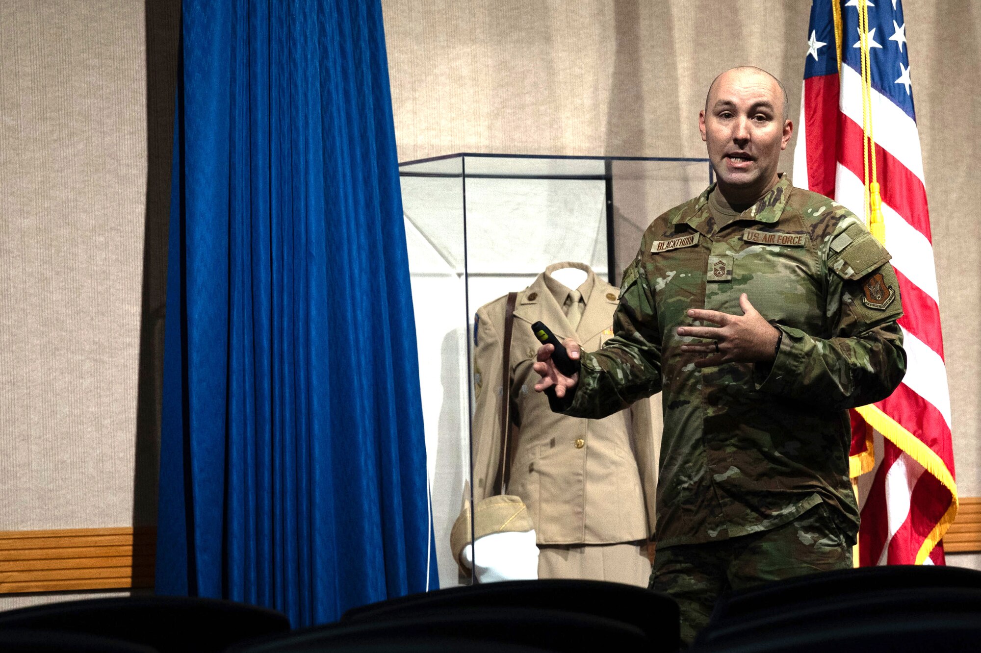 Senior Master Sgt. Michael Blackthorn, superintendent of Materiel Management for the 624th Regional Support Group, provides a detailed briefing on the Emergency Management office’s roles and responsibilities, emphasizing its value to each member on May 3, 2025, at Joint Base Pearl Harbor-Hickam.