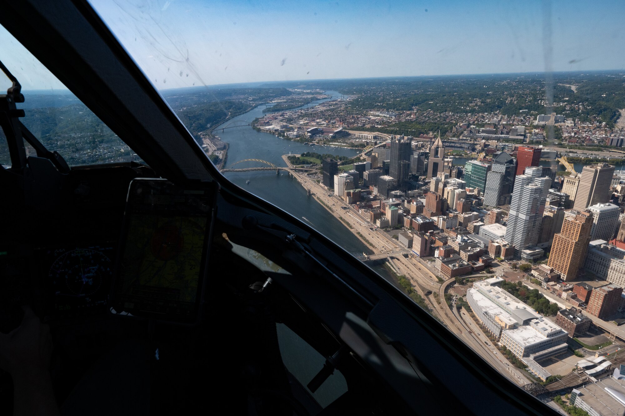 a view of Acrisure Stadium for the flight deck of a C-17 Globemaster II