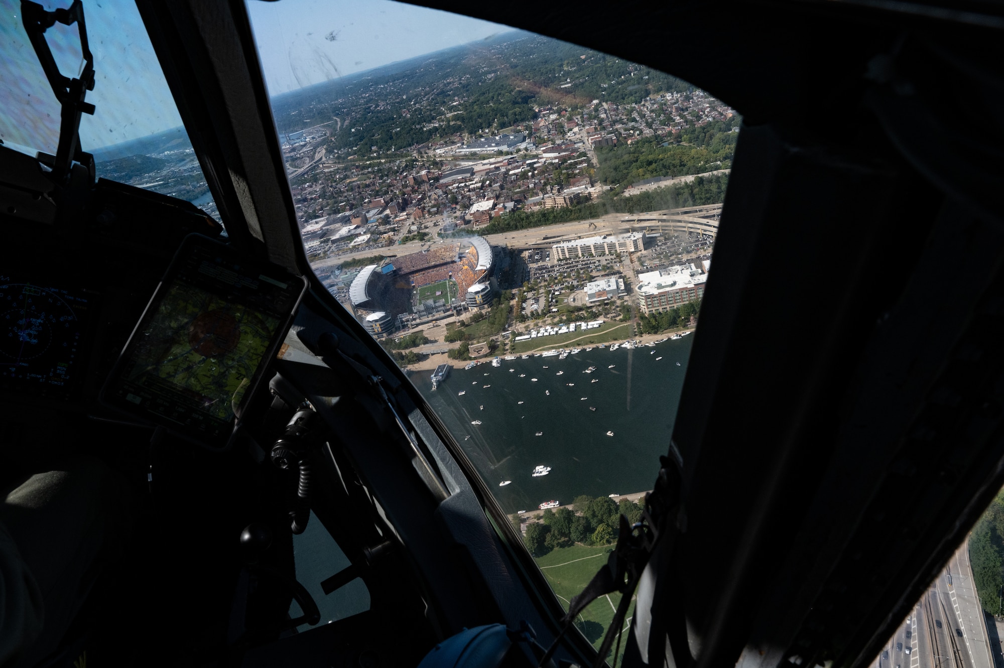 a view from Acrisure stadium from the flight deck of a C-17 Globemaster III