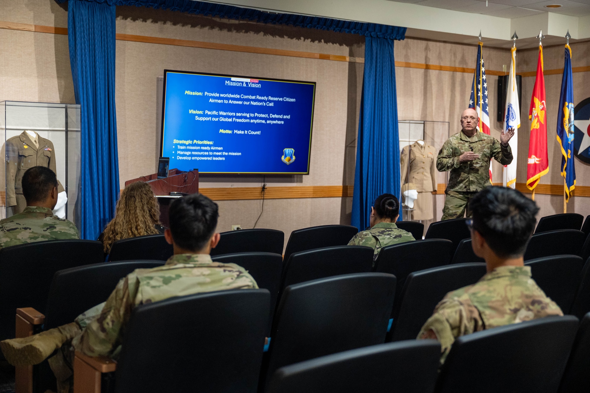 Lt. Col. Shane Lynch, 624th Regional Support Group deputy commander, discusses the unit’s mission and vision during onboarding for new military and civilian members by introducing the Pacific Warrior Orientation course on May 3, 2025, at Joint Base Pearl Harbor-Hickam.